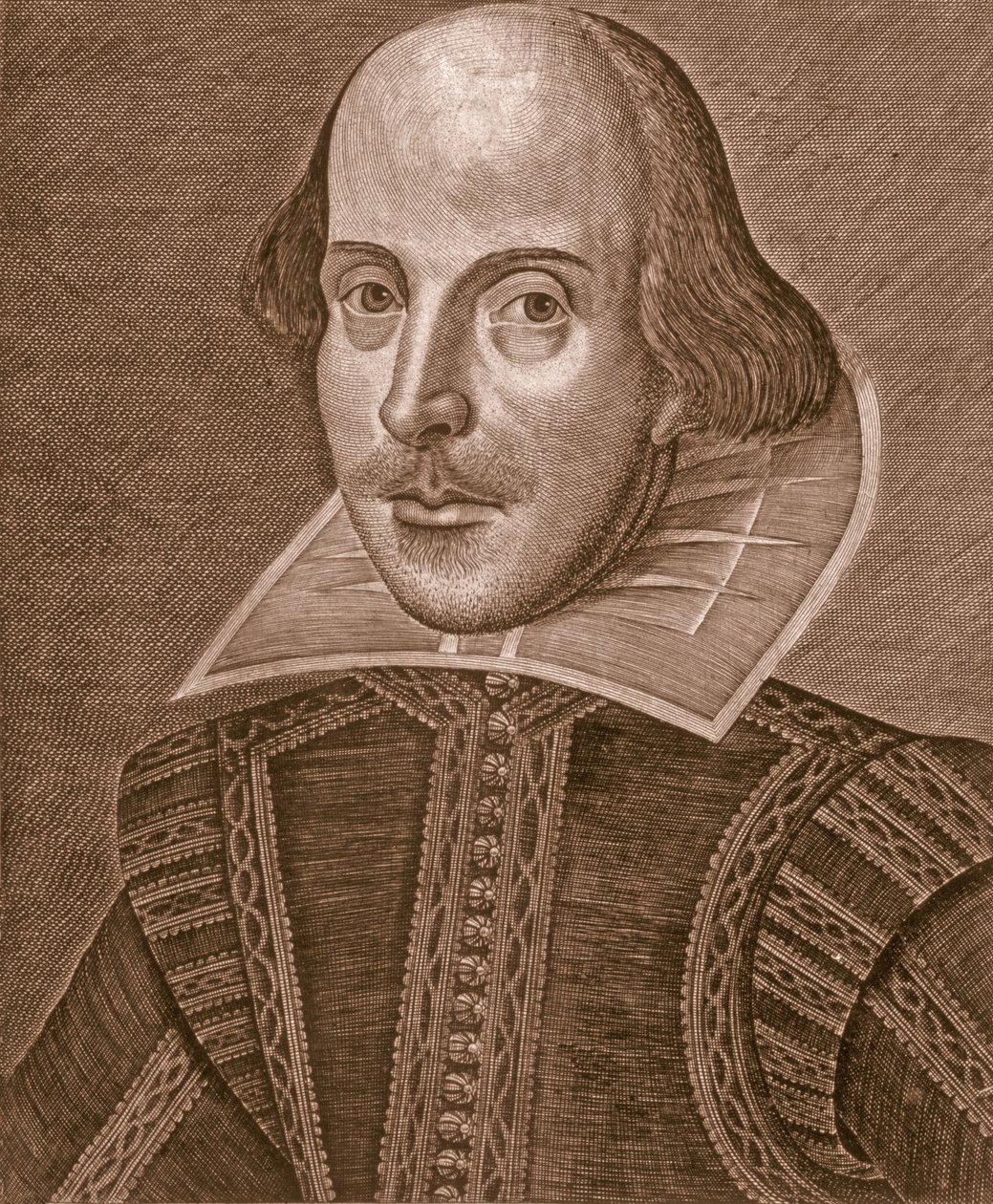 Porträtt av William Shakespeare, graverad av Martin Droeshout (c.1560-c.1642) av School English