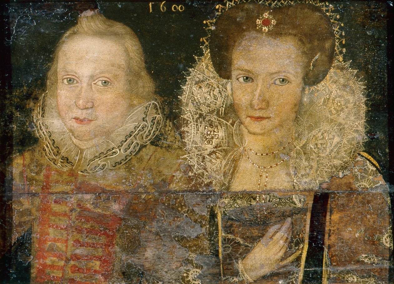 Porträtt av en ung man och en kvinna, ca 1600 (olja på trä) av School English