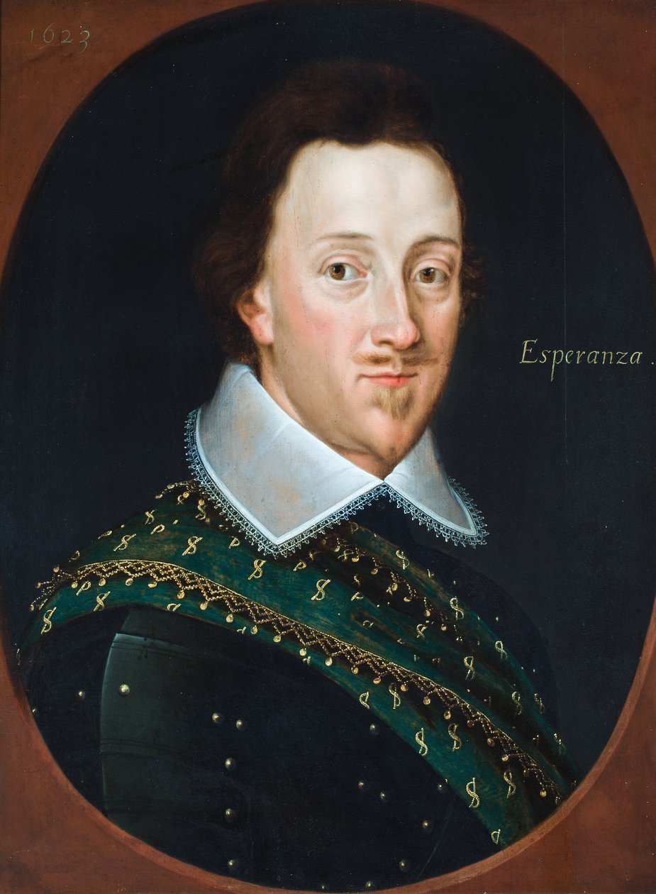 Porträtt av en gentleman, sägs vara Henry, Lord Percy of Alnwick (olja på pannå) av School English