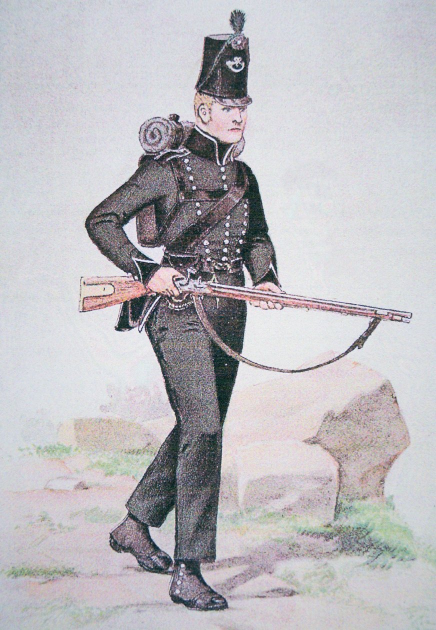 Menig från 95th Rifles, ca 1810, beväpnad med Baker Rifle, designad av Ezekiel Baker från London (färg litho) av School English