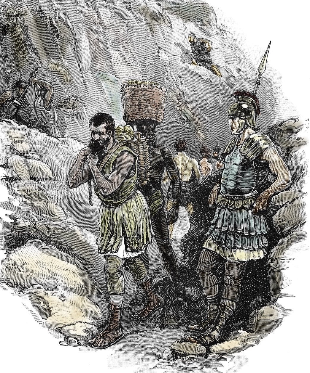 Romersk legionär övervakar anglosaxiska arbetare i en tenngruva, England 50 e.Kr. (tryck) av School English
