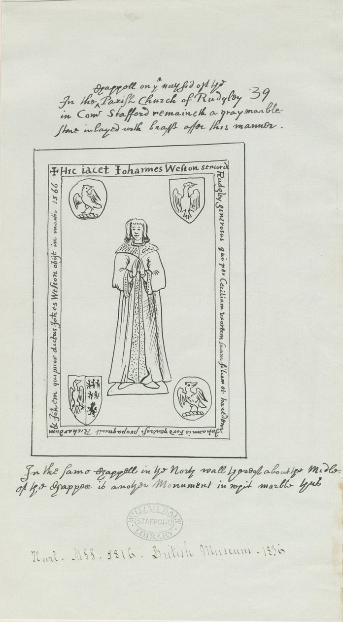 Rugeley Church (gamla) - Monument till John Weston: ritning med penna och bläck av School English