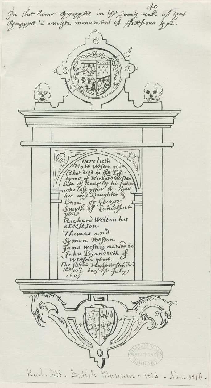 Rugeley Church (gammal) - Monument till Rafe Weston: ritning med penna och bläck av School English
