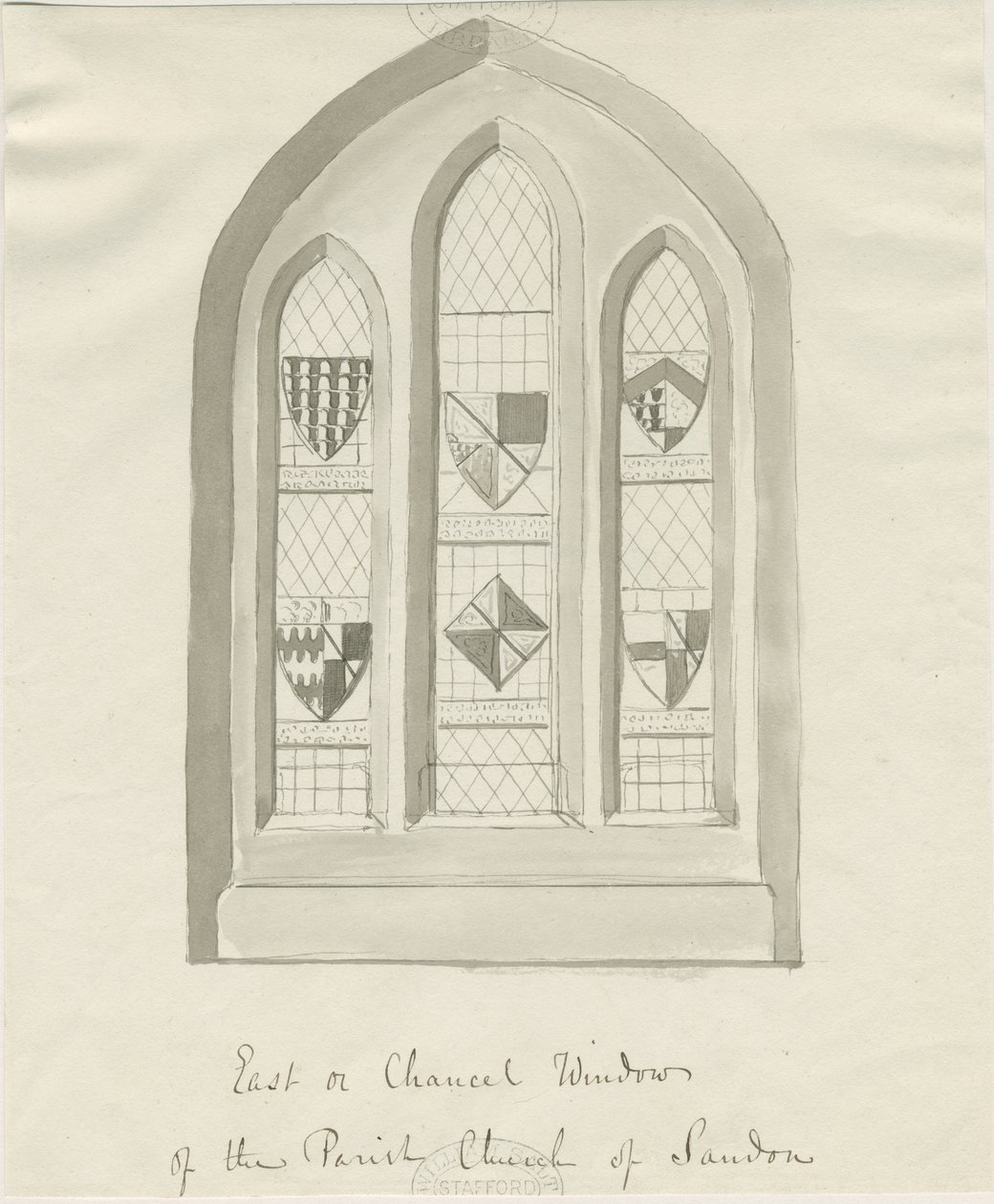 Sandon Church - East window of Chancel: sepiatvättteckning, nd [?1700-talet] (ritning) av School English