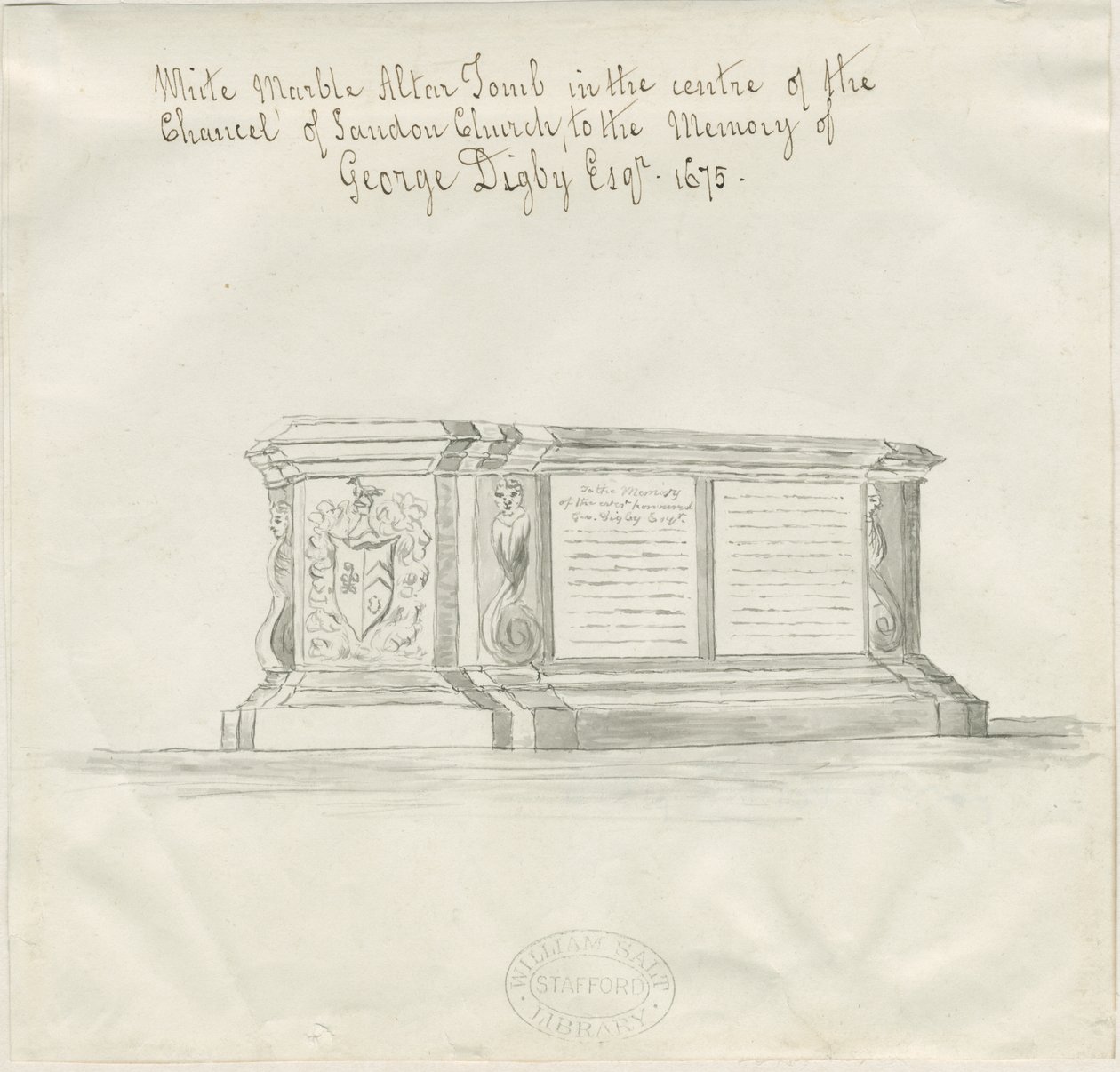 Sandon Church - Tomb of George Digby: sepiatvättteckning, nd [?18th cent] (ritning) av School English