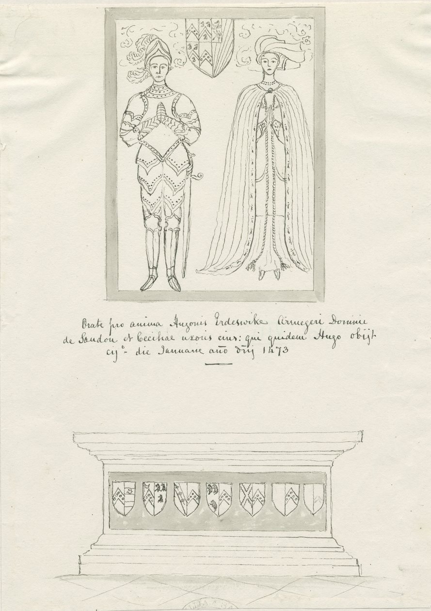 Sandon Church - Tomb of Hugh Erdeswicke och Cecilia [Bassett]: ritning med penna och bläck, nd [?1700-talet] (teckning) av School English