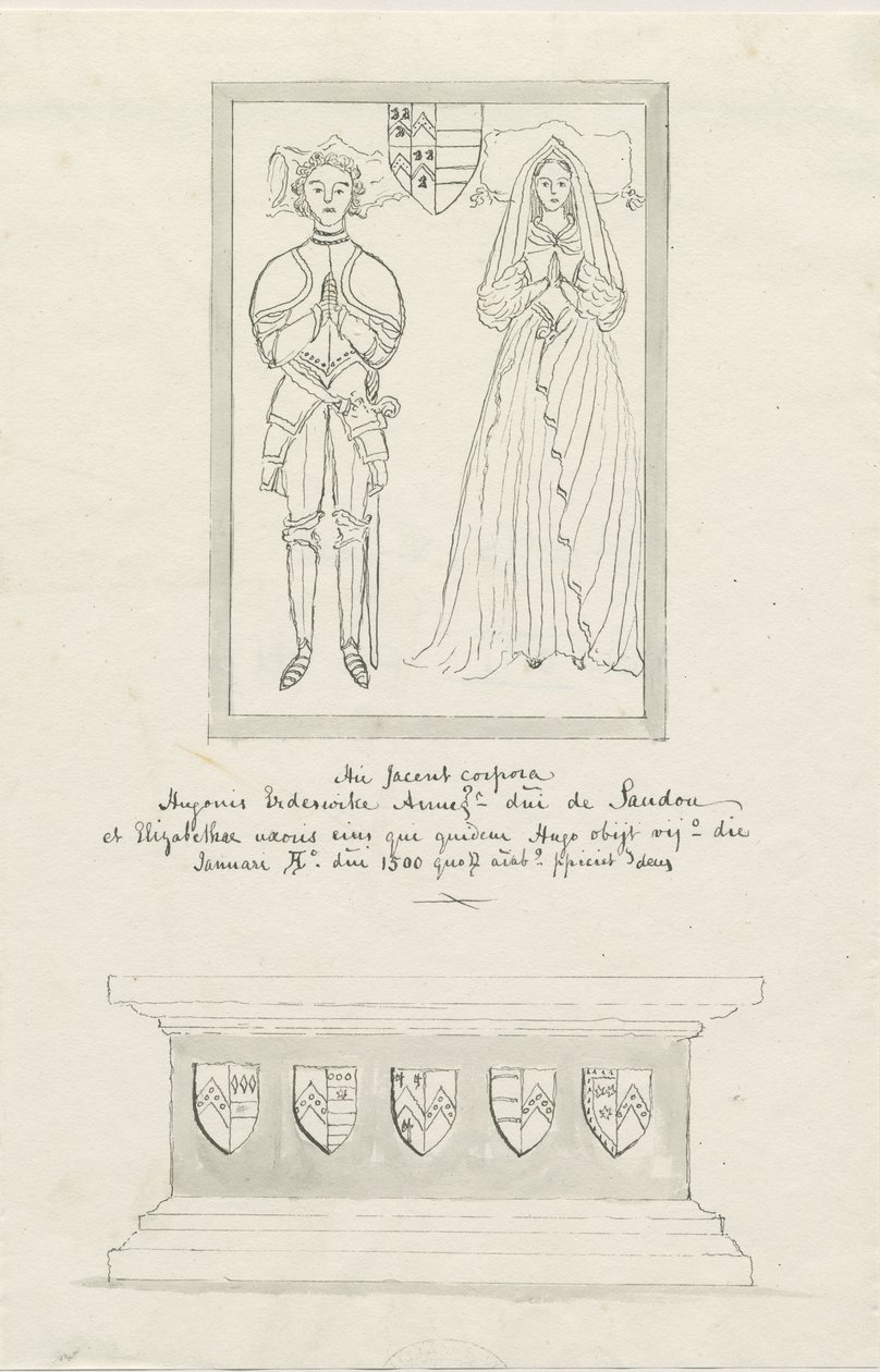 Sandon Church - Tomb of Hugh Erdeswicke och Elizabeth [Harcourt]: ritning med penna och tvätt, nd [?1700-talet] (teckning) av School English