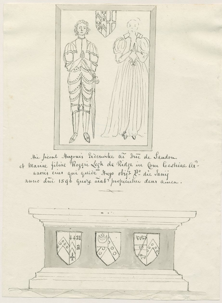 Sandon Church - Tomb of Hugh Erdeswick och Mary [Legh]: ritning med penna och tvätt, nd [?1700-talet] (teckning) av School English