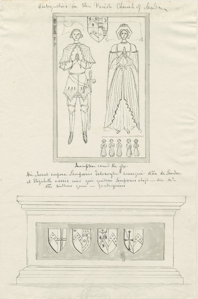 Sandon Church - Tomb of Sampson Erdeswick och Elizabeth [Grå]: ritning med penna och bläck, nd [?1700-talet] (teckning) av School English
