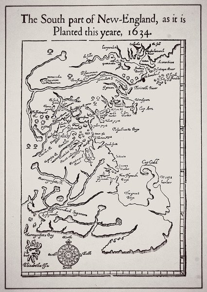 Södra delen av New England som den planteras i år 1634 (litho) av School English