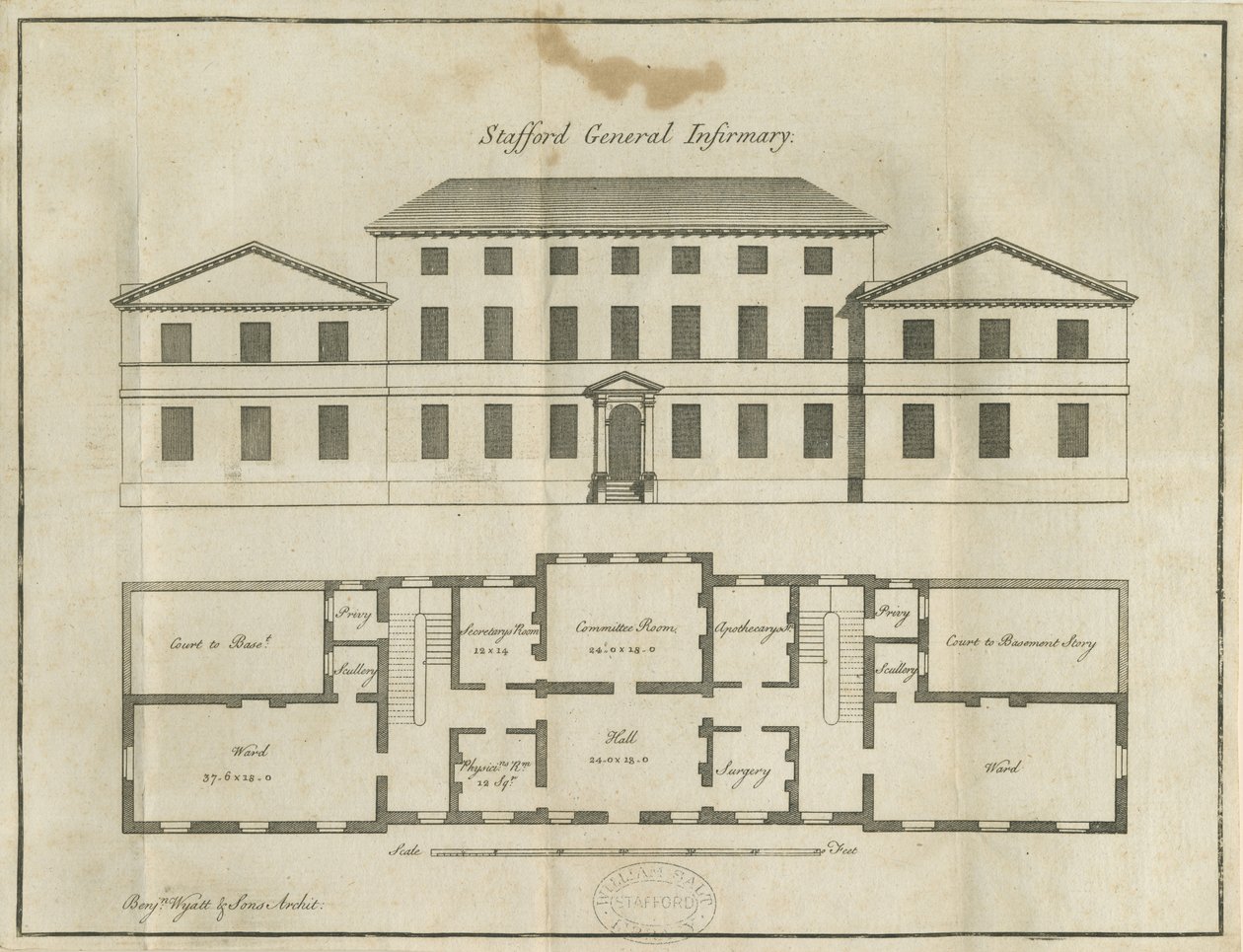 Stafford - County General Infirmary: pennteckning, nd [sent 1700-tal] (ritning) av School English