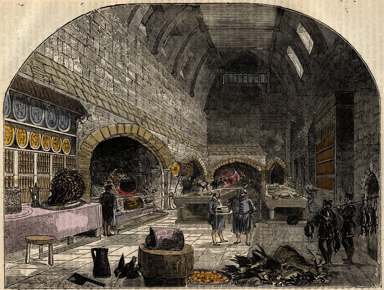 The 16th Century Kitchen of Queen Elizabeth I - gravyr från "" History of England" av Cassell Petter & Galpin av School English