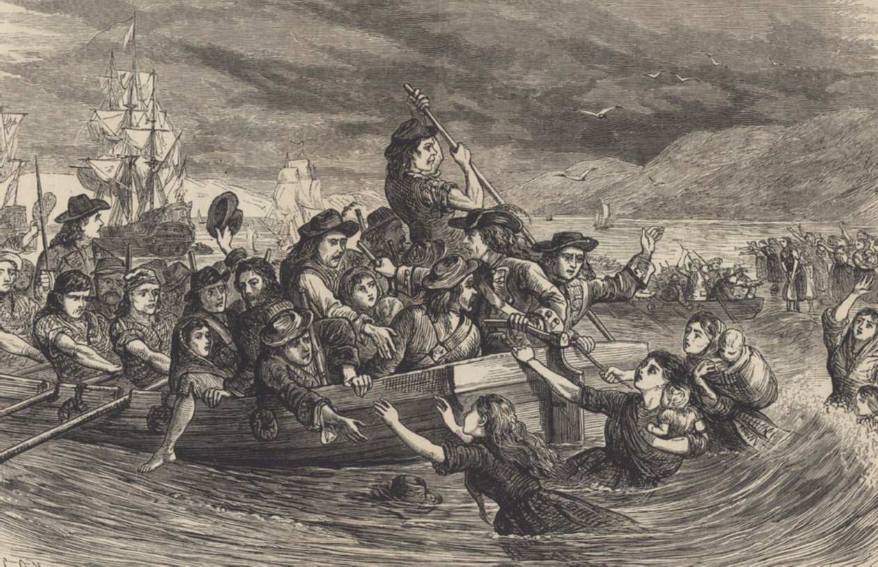Vildgässen – jakobitiska irländska soldater lämnar Limerick för Frankrike 1691 (gravyr) av School English