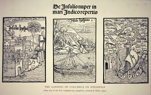 Columbus landstigning på Espaniola, efter en samtida broschyr publicerad i Basel 1494 (litho) av School English