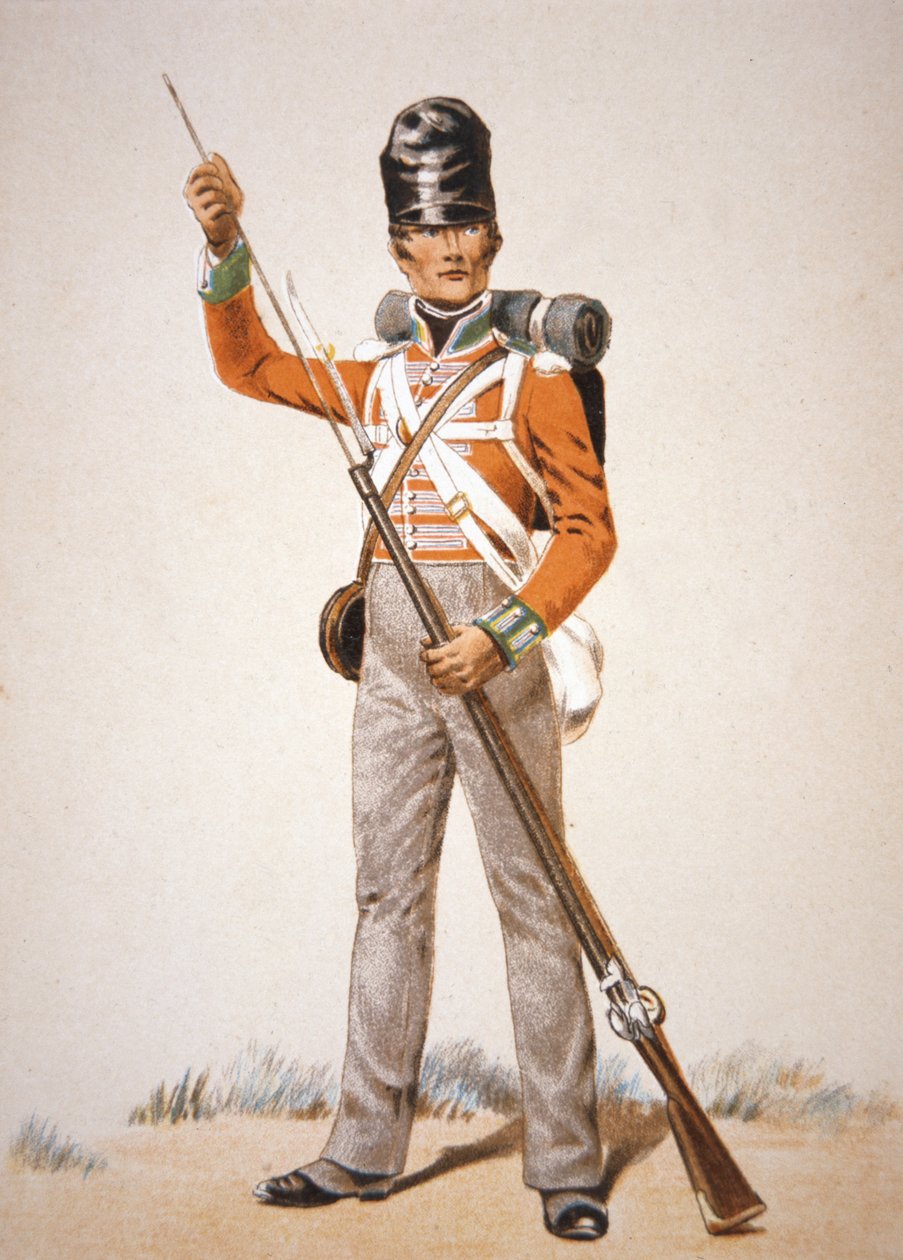 Wellingtons armé: soldat från den 69:e foten laddade sin "Brown Bess"-musköt 1815 (litho i färg) av School English