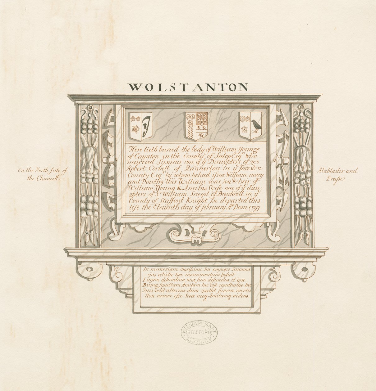 Wolstanton Church - Wall Monument till William Yonge av Caynton: ritning med penna och tvätt, nd [?1800-talet] (teckning) av School English
