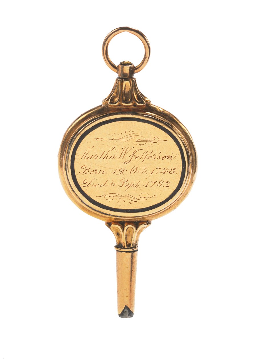 Memento mori graverad klocknyckel, med hårlock av Martha Wayles Jefferson, franska eller engelska, sent 1700 - tidigt 1800-tal (guld) (se även 711002) av School European