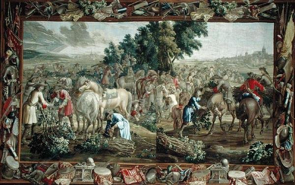 Dubbel gobeläng föreställande kvistsamlare utanför en stad, Brysselverkstad (gobeläng) av School Flemish