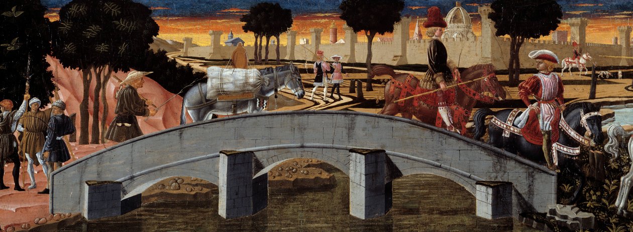 Passagerare som korsar en bro. Detalj. Anonym målning av den florentinska skolan. 1450-1460. Toulouse, Musée des Augustins av School Florentine