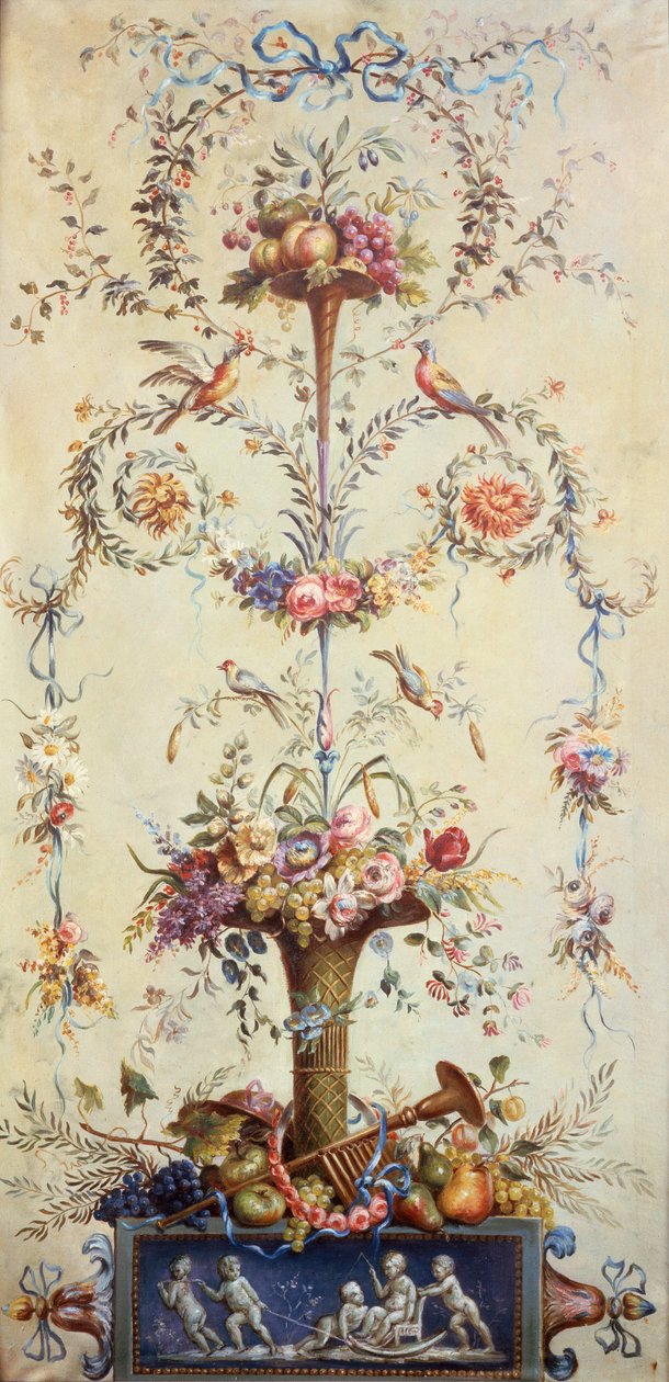 En trumpet av blommor och frukt dekorerad med girlanger av blommor (akvarell) av School French