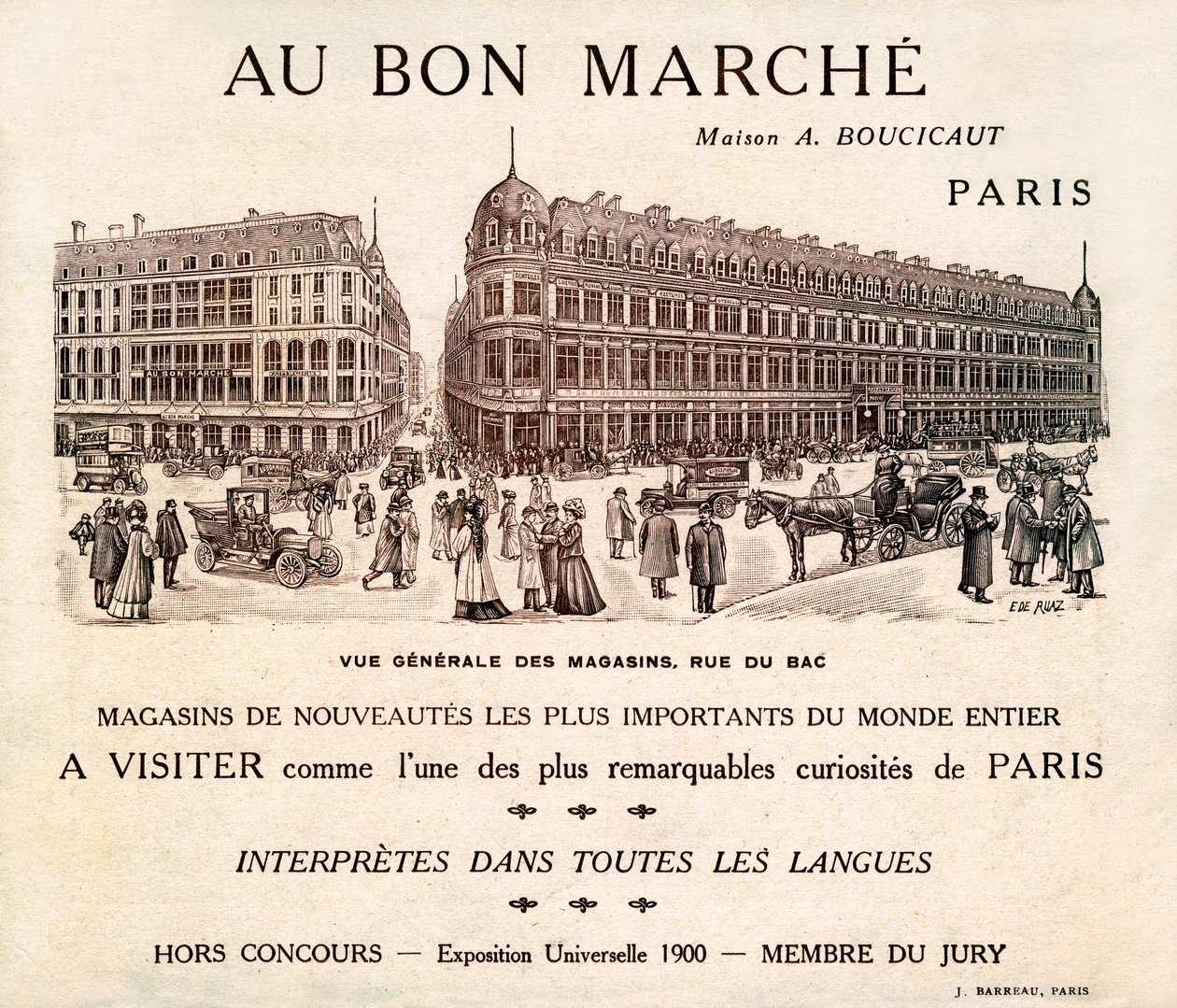 Annons för "Au Bon Marche" på Rue du Bad, Paris (tryck) av School French