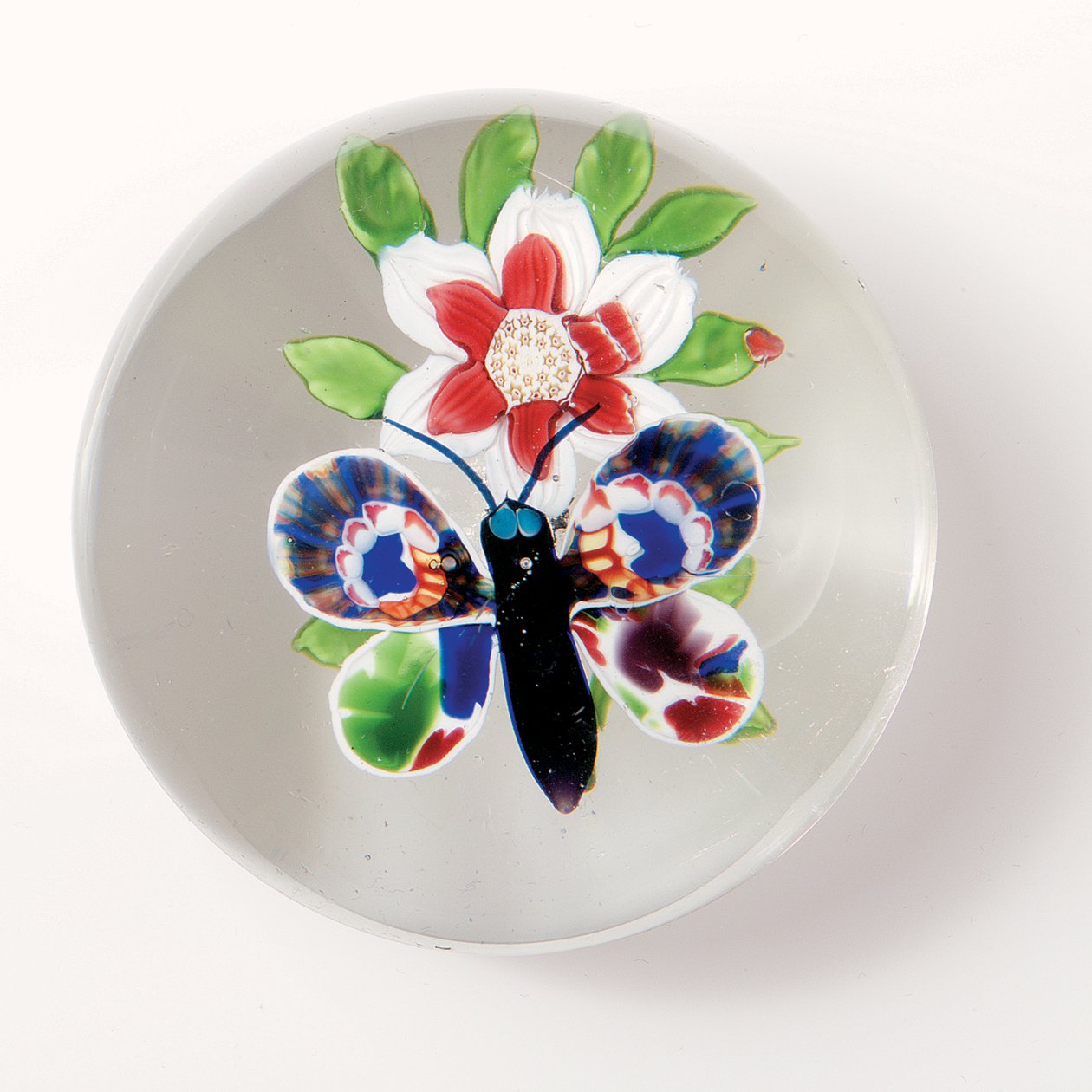 Baccarat fjäril och blomma vikt, insekten med djuplila kropp och antenner, flerfärgade vingar (glas) av School French