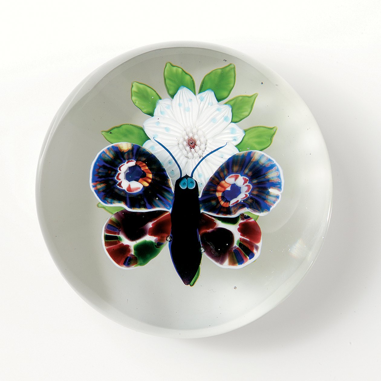 Baccarat fjäril och blomma vikt, insekten med djuplila kropp, ljusblågrå ögon och antenner (glas) av School French