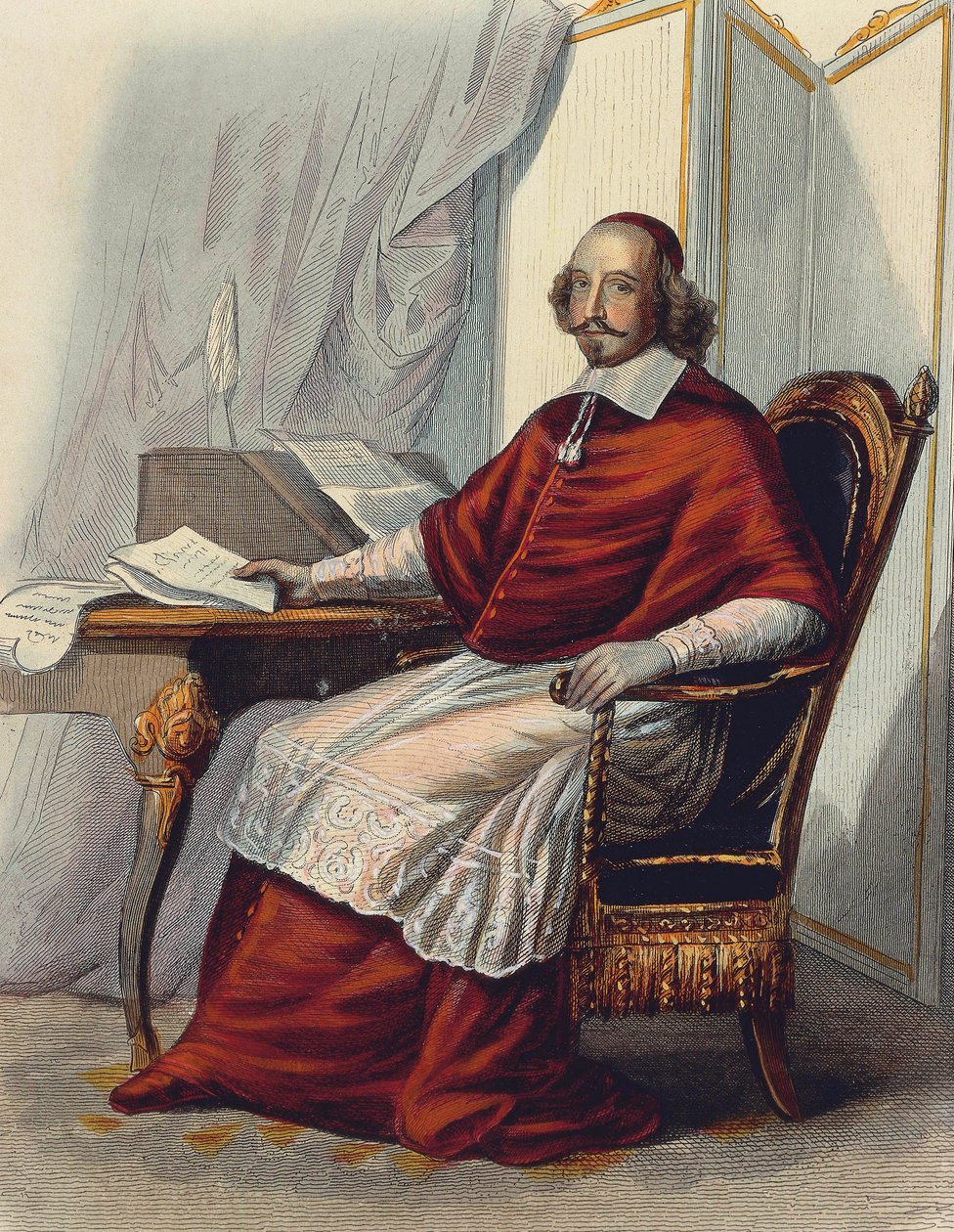 Kardinal Jules Mazarin (Giulio Mazzarini) (färggravyr) av School French