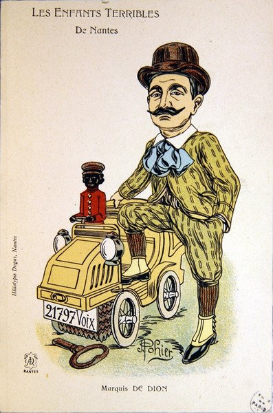 Karikatyr av Marquis de Dion, ca 1900 (färg litho) av School French