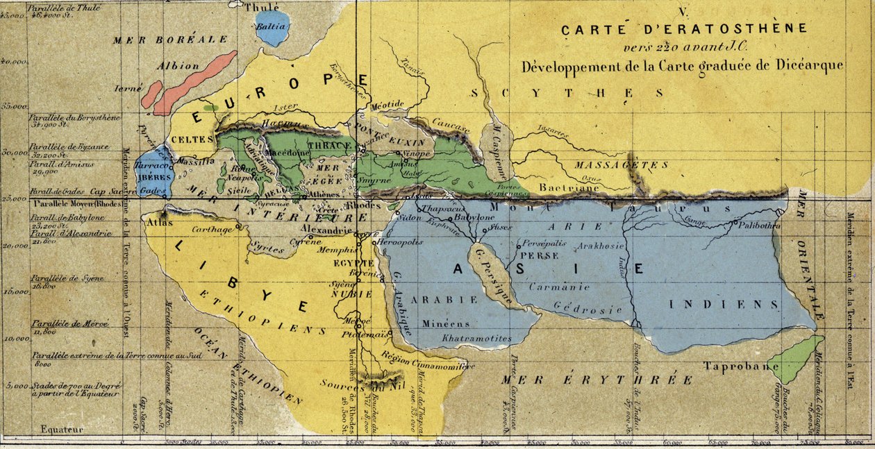 Karta över Eratosthenes, grekisk astronom, geograf från 300-talet f.Kr. JC. 220 f.Kr. JC av School French