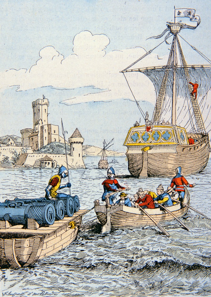 Karl VIII:s expedition till Italien 1494 (färg litho) av School French