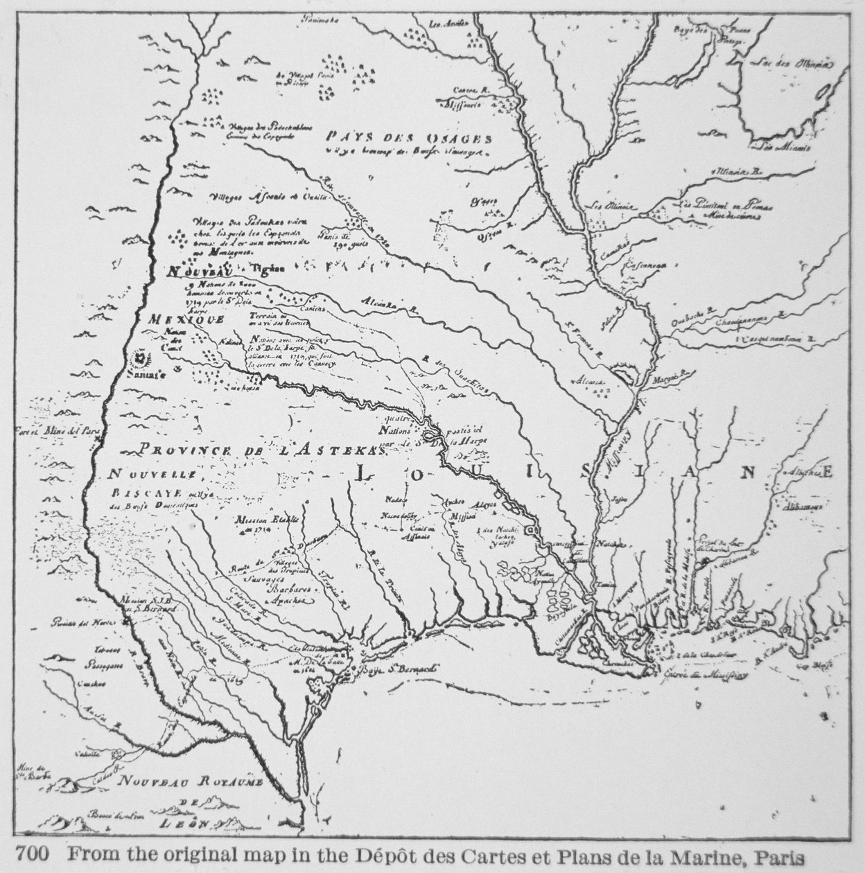 Colonial America: Karta över Louisiana, New France (litho) av School French