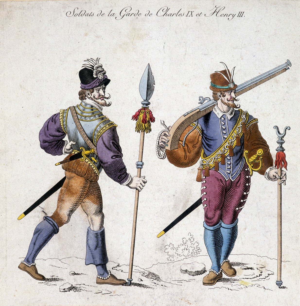 Dräkter av soldater från garde av Karl IX (1550-1574) och Henrik III (1574-1589). av School French