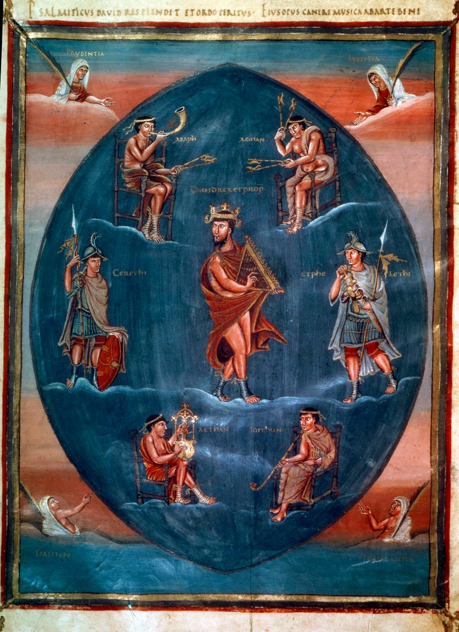 David spelar harpa, omgiven av fyra musiker, två vakter och fyra kardinaldygder. Miniatyr i "" Första Bibeln av Karl den skallige, även känd som Bibeln om Vivian"" (Folio 215v). Anonym, Frankrike, Tours (Saint-Martin). BN, Paris av School French