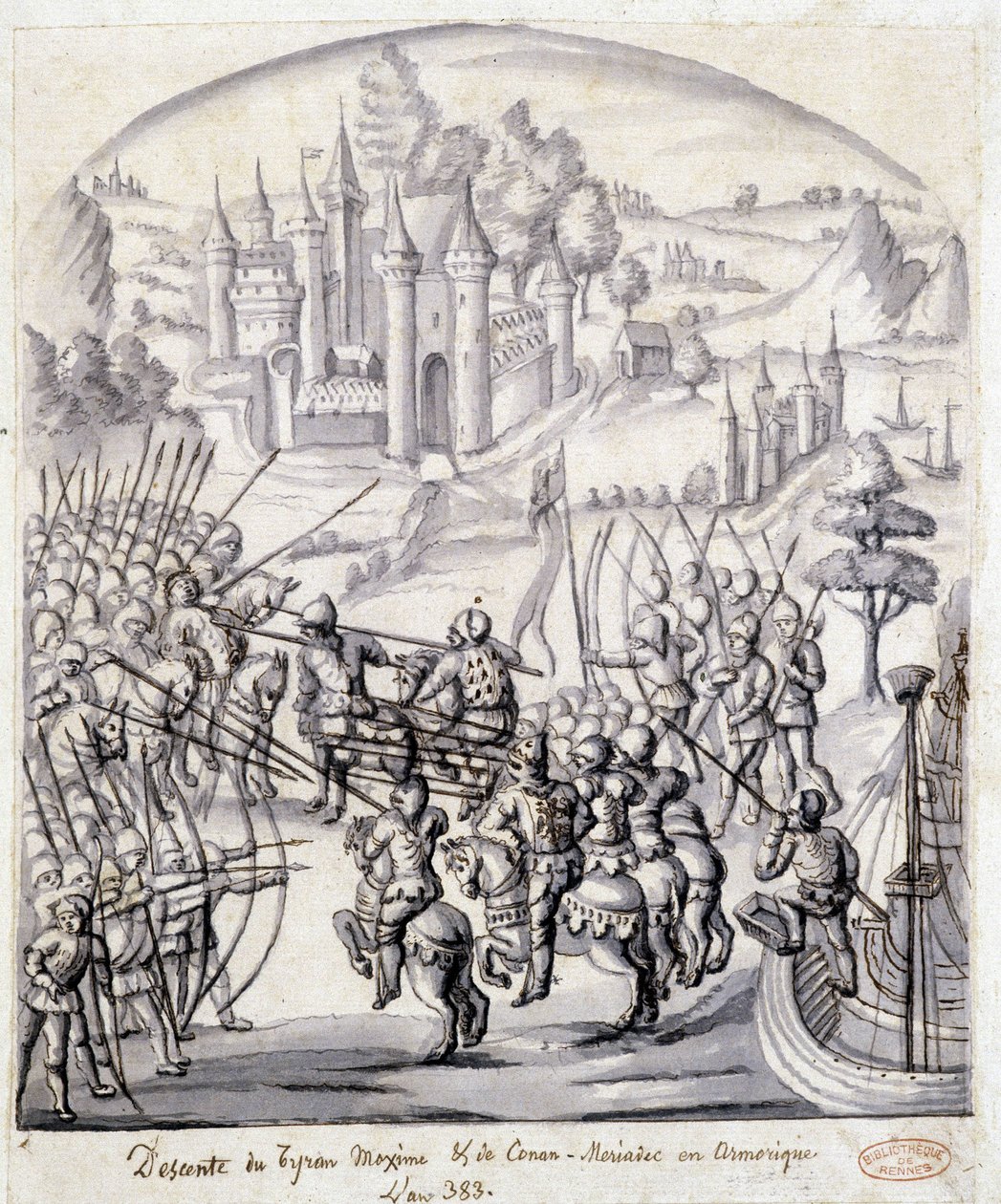 Nedstigning av tyrannen Maxime av Conan-Meriadec i Armoric 383 av School French