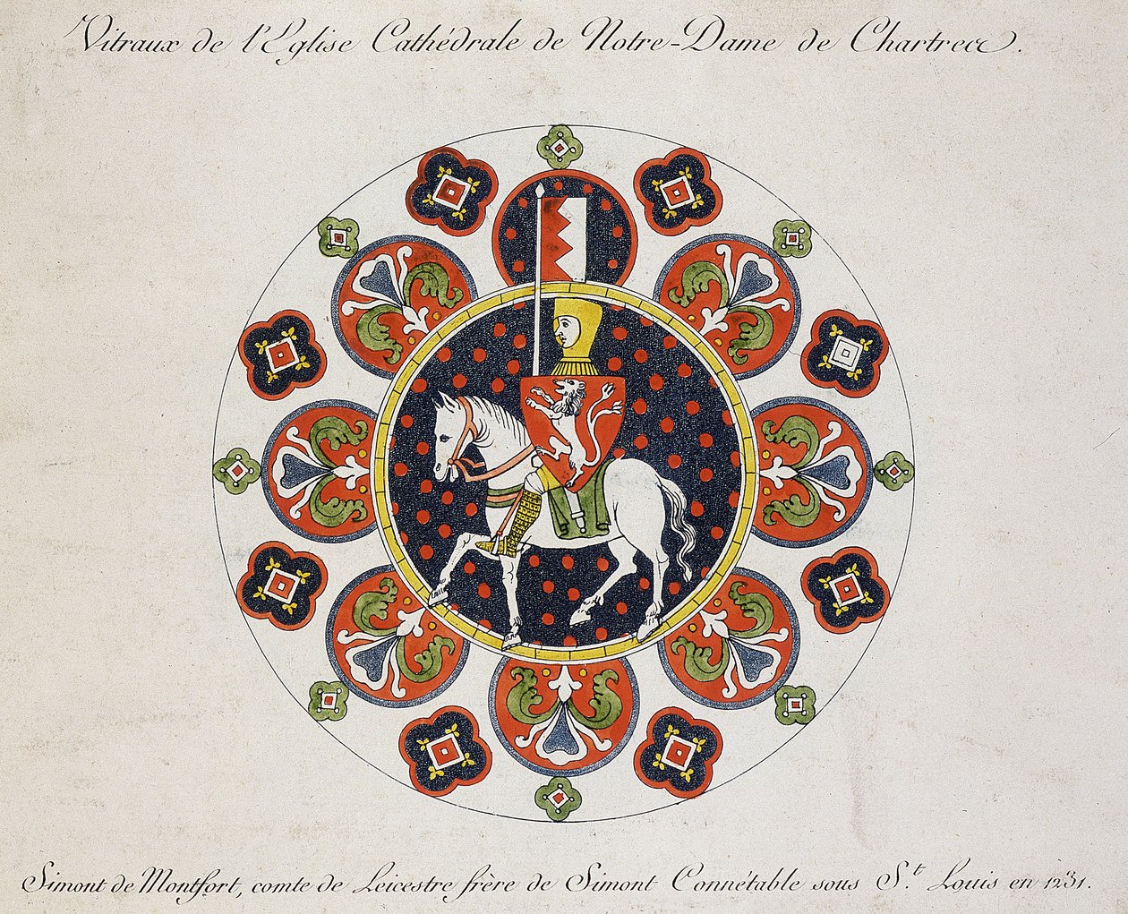 Ritning av rosenfönstret i Chartres: Simon de Montfort (färg litho) av School French