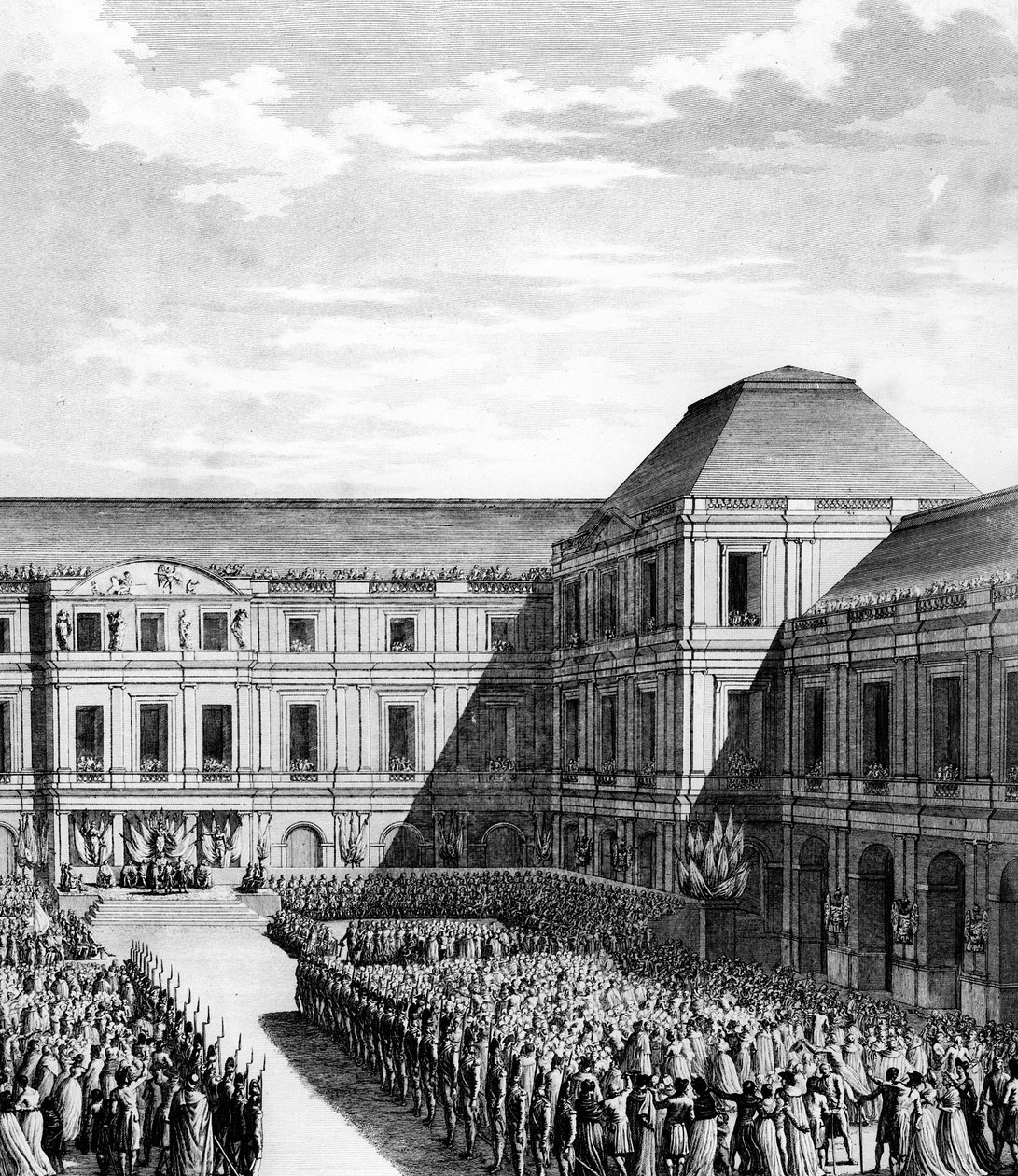 Fest ges av Napoleon I Bonaparte (1769-1821) på National Palace of the Directory (Palace of Luxembourg) i Paris efter handeln med Campo Formio den 20 fredagen An VI (10 december 1797). Paris, biblioteket vid Institutet för revolutionshistoria av School French