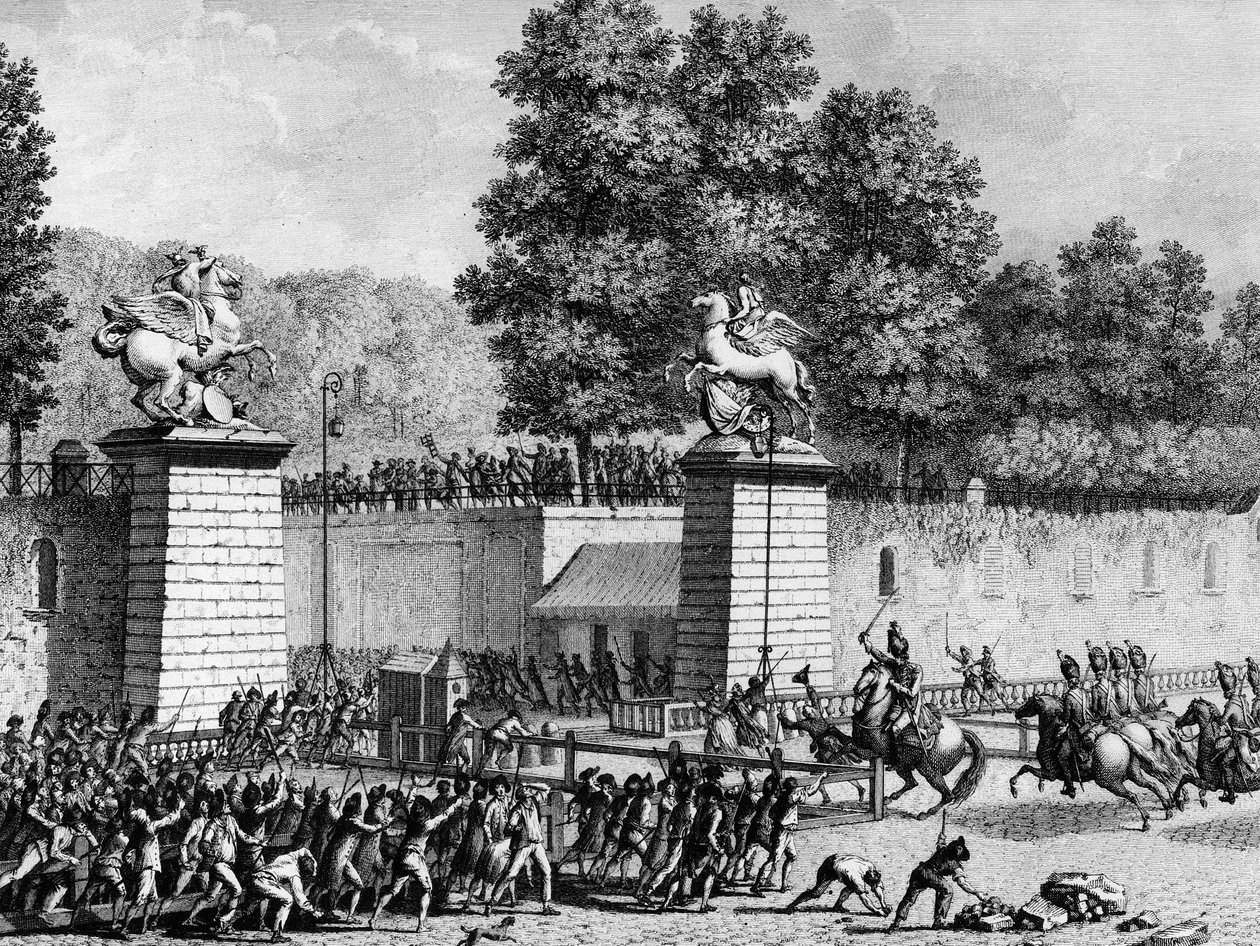 Först av den franska revolutionen: Monsieur Charles Eugene de Lorraine, prins av Lambesc (1754-1825) gick in i Tuilerierna med en avdelning av kungligt tyska den 12 juli 1789 för att förtrycka de första revolutionärerna. Paris, Bibliotek vid Institute of H av School French