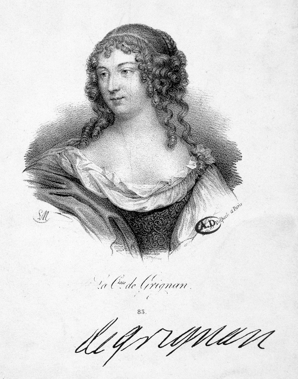 Francoise Marguerite de Sevigne, grevinna av Grignan (1648-1705), dotter till Marie de Rabutin-Chantal (Rabutin Chantal), markisin av Sevigne dit Madame de Sevigne (1626-1696) - gravyr, n.d. av School French