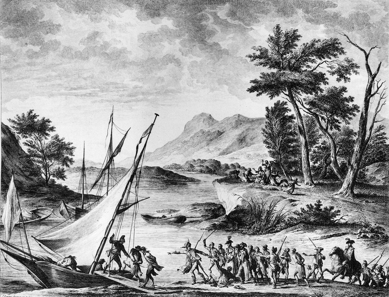 Franska revolutionen: Gripande av de franska ambassadörerna Charles Louis Huguet de Semonville (1759-1839) och Hugues Bernard Maret (1763-1839) i Novate den 25 juli 1793. Gravyr och teckning av Duplesi - Bertaux. Paris, biblioteket vid Institutet för histo av School French