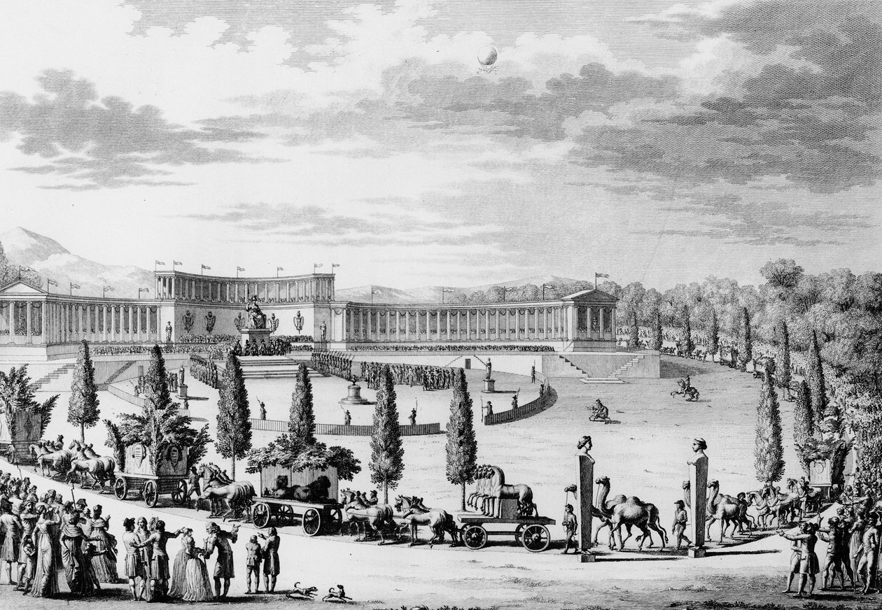 Franska revolutionen: Fest med anledning av den triumferande entrén till monumenten för vetenskap och konst i Frankrike den 9:e och 10:e Thermidor An VI (28 juli 1798) under order av konsul Napoleon Bonaparte (1769-1821) (plundringskampanj) . Paris, av School French