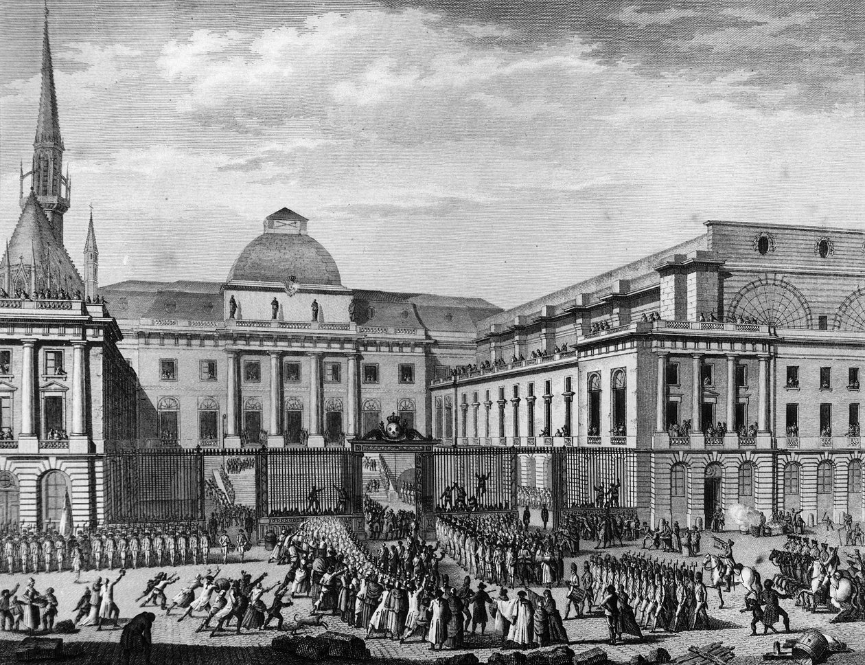 Franska revolutionen: Paris stadshus, parlamentet i november 1790 på ön i staden som leds av Jean Baptiste Gaspard Bochart de Saron (1730-1794). Paris, biblioteket vid Institutet för revolutionshistoria av School French