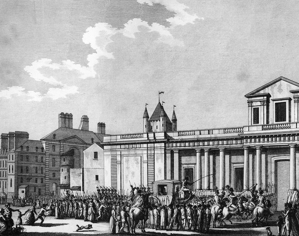 Franska revolutionen: Överföring av kungafamiljen (Louis XVI, Marie Antoinette, delfinen Louis Charles de France eller Louis XVII och Marie Therese känd som "Madame Royale") till Temple-fängelset i Paris den 13 augusti av School French