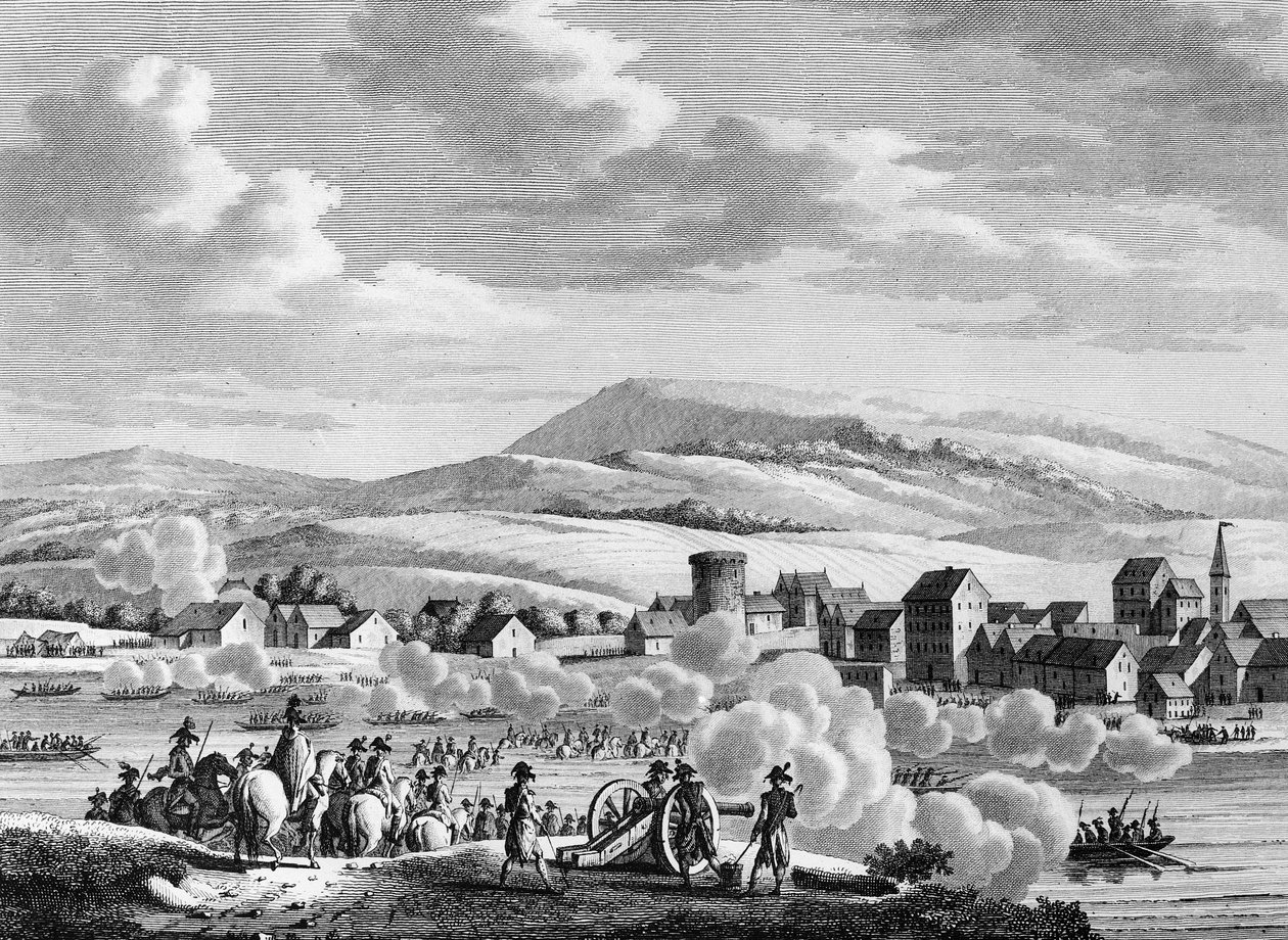Franska revolutionskriget och antirevolutionära rörelser: Franska trupper passerar Rhen till Düsseldorf, Tyskland, den 20 Fructidor An III (6 september av School French