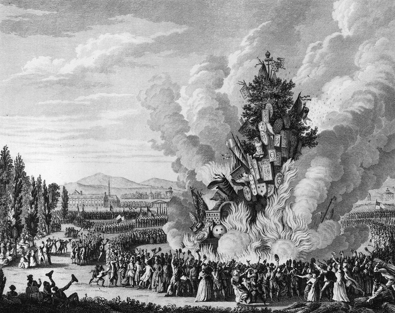 Franska revolutionen: åminnelse av erövringen av Bastiljen den 14 juli 1792 med en stor bucher som bränner monarkins symboler från Tuileriernas palats. Paris, biblioteket vid Institutet för revolutionshistoria av School French