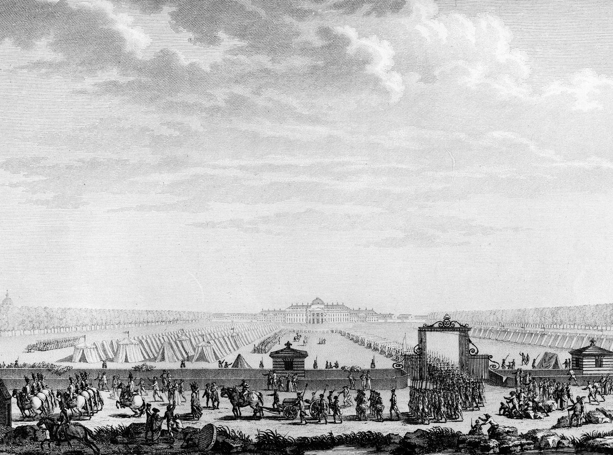 Franska revolutionen: militärtrupperna i marsfältet avgår till Place Louis XV den 12 juli 1789 Paris, biblioteket vid Institute of History of the Revolution av School French