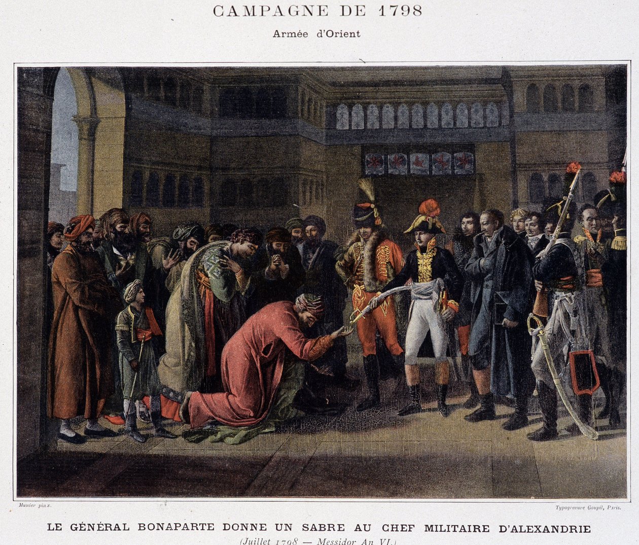 General Bonaparte ger ett svärd till militärledaren i Alexandria - i "" Victoires et Conquêtes des Armees Francaises", Paris, n.d. av School French