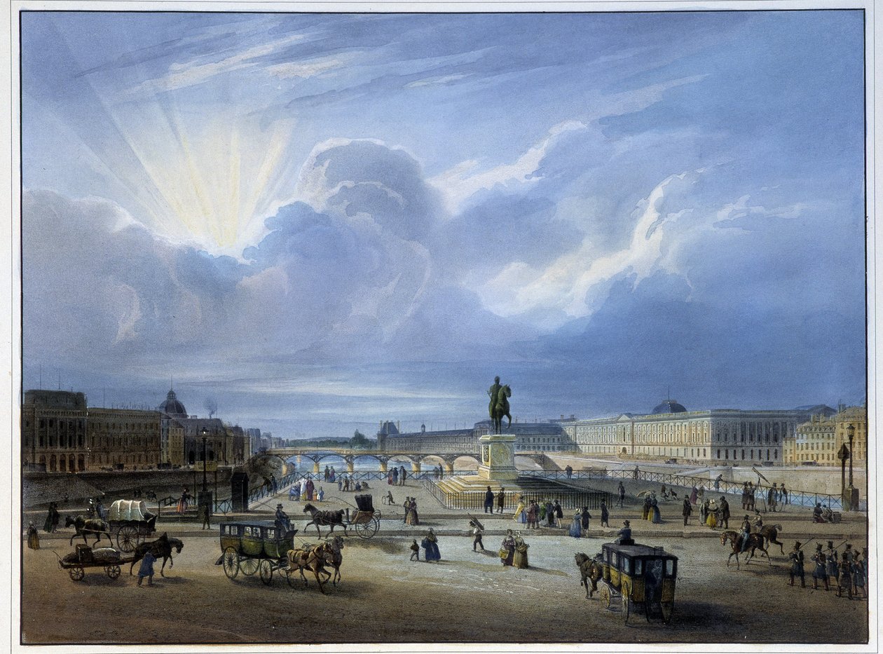 Allmän bild av Louvren med statyn av Henrik IV av School French