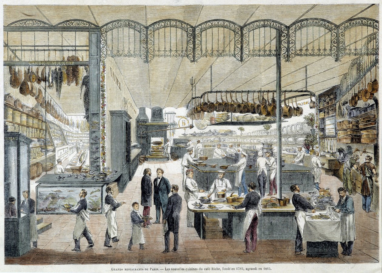 Bra restauranger i Paris: de nya köken på Café Riche, grundat 1785, utvidgat 1865. av School French