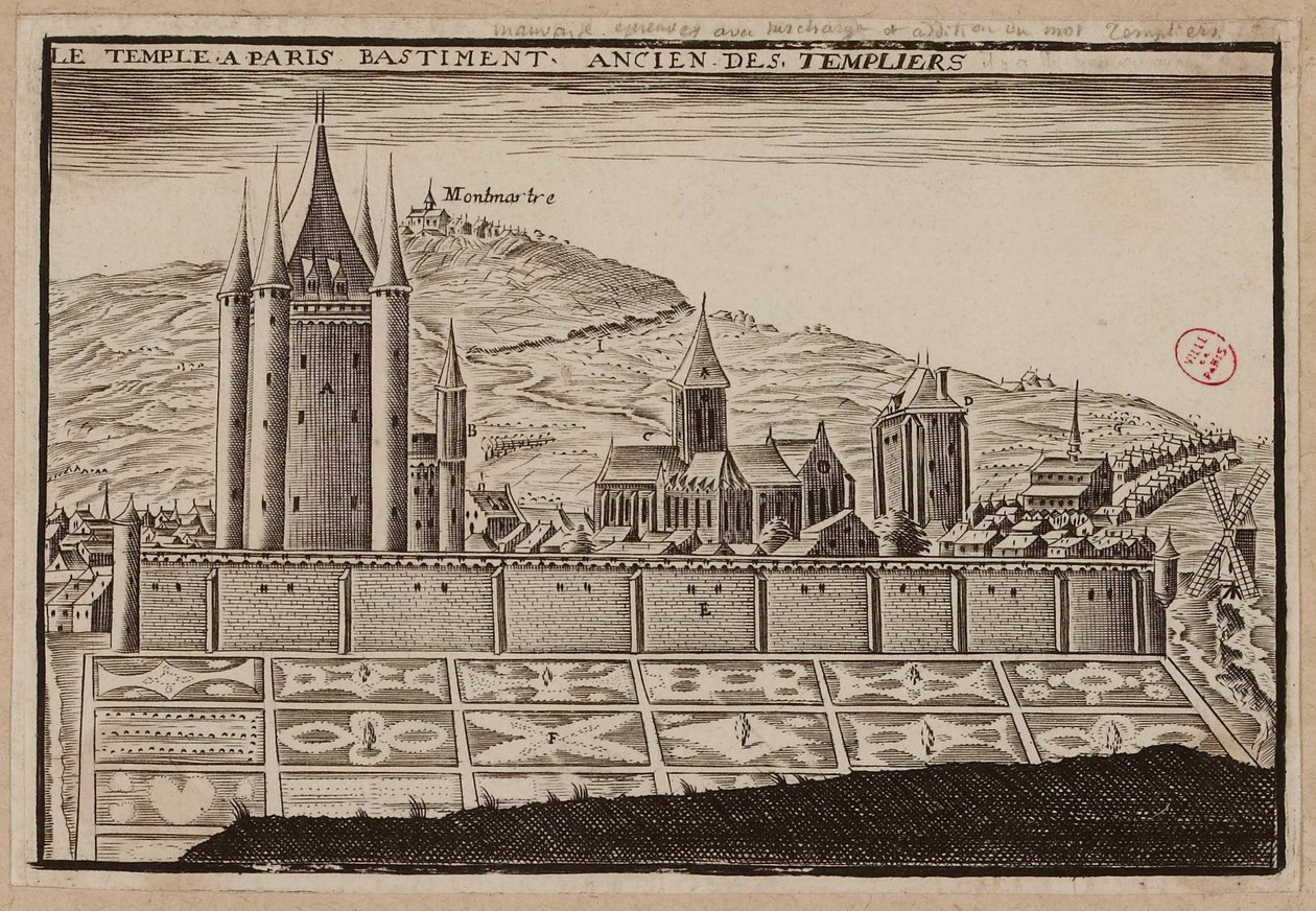 Templet i Paris, före detta tempelriddarens byggnad (gravyr) av School French